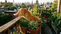 Ginger cat stretching on wooden railing of urban rooftop garden with potted plants and city skyline in background, perfect for pet, gardening, and lifestyle content.