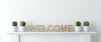 Wooden welcome sign on white mantel shelf with potted cactus plants, minimalist home decor interior design concept.