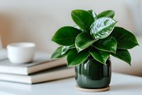 Green houseplant with glossy leaves in dark ceramic pot on white table with books and coffee cup in background, creating minimalist home decor atmosphere.