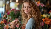 Young blonde woman with curly hair smiling at camera in flower shop surrounded by colorful fresh blooms and floral arrangements for retail business.