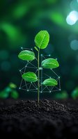 Young plant seedling with digital network overlay growing from soil against blurred green background, representing technology and nature connection.