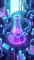 Futuristic chemistry laboratory with glowing flask containing purple liquid surrounded by scientific equipment and molecular structures in neon blue colors.