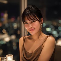 Young Asian woman smiling warmly at upscale restaurant with city lights bokeh background during evening dinner date or business meeting.