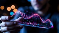 Glowing DNA helix hologram floating above scientist's hand in dark laboratory with bokeh lights, showing advanced biotechnology and genetic research visualization.