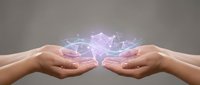 Two hands holding glowing digital network structure with connected lines and nodes, representing data exchange, technology innovation, and wireless communication for business solutions.
