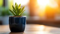 Small succulent plant in black ceramic pot on wooden surface with warm sunlight and bokeh background creating cozy home atmosphere.