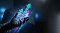 Business growth concept with glowing arrows emerging from professional hand showing upward trend and success in corporate finance analytics.