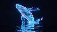 Luminous neon whale breaching ocean surface with glowing blue electric lines creating magical underwater scene against dark background for digital art.