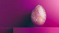 Elegant pink geometric Easter egg with golden line pattern on vibrant purple gradient background for holiday decorations and spring celebrations.