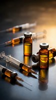 Medical vials with amber liquid and syringes on reflective surface with warm lighting for healthcare and pharmaceutical research applications.