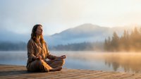 Young woman meditating in lotus position on wooden dock at sunrise with misty mountain lake and forest backdrop creating peaceful wellness atmosphere.
