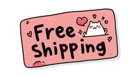 Cute cartoon free shipping banner with adorable white cat character and hearts on pink background for e-commerce promotions.