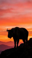 Majestic yak silhouette standing on mountain ridge against dramatic orange pink sunset sky with layered mountain ranges in background creating peaceful wilderness scene.