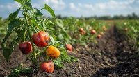 Fresh ripe tomatoes growing on plants in organic garden field, closeup view of red fruits on green vines with natural soil background in summer.