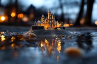 Magical miniature castle illuminated at dusk with glowing windows, reflected in puddle water with bokeh lights creating dreamy atmosphere. Perfect for fairy tale themes.