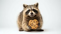 Adorable raccoon holding chocolate chip cookie on white background, isolated wildlife animal portrait for design projects and educational materials.