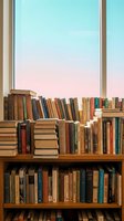 Wooden bookshelf filled with stacked books against pastel gradient sky background for reading and education concepts.