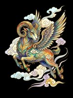 Winged ram mythical creature with golden horns and ornate patterns, isolated on transparent background, ready for t-shirt design, stickers, and print on demand.