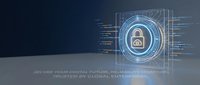 Padlock icon with digital circuit design and data code on dark blue background, representing cybersecurity, data protection, and network safety for technology and business applications.