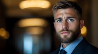 Professional bearded businessman in suit with blue eyes looking confident in modern office environment with warm lighting and blurred background.