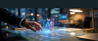 Businessman hand touching holographic AI interface with glowing charts and data analytics on digital screen at night office workspace for technology innovation.