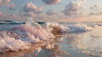 Ocean waves crashing on sandy beach shore with white foam and bubbles during golden hour sunset creating peaceful seascape for relaxation and travel concepts.