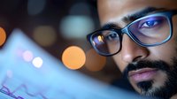 Young African American man wearing glasses looking at glowing screen, close-up portrait with bokeh lights in background, focused expression reflects digital technology use.