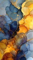 Abstract alcohol ink art with flowing blue and golden yellow organic shapes separated by metallic gold veins creating luxurious fluid pattern for modern decor.