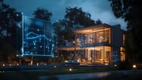 Modern luxury house with glowing holographic chart display at night, featuring glass walls, minimalist architecture and ambient garden lighting. Smart home concept.