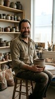 Smiling middle-aged Caucasian male potter holds clay cup in rustic workshop surrounded by handmade ceramic pieces on wooden shelves.