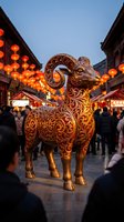 Golden ornate ram sculpture with intricate patterns stands in traditional street decorated with red lanterns during evening festival celebration.