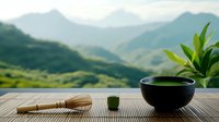 Traditional matcha tea ceremony setting with bamboo whisk and black bowl against serene mountain landscape backdrop, green tea leaves accent.