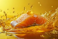 Fresh raw salmon fillet with water splash and droplets on golden background, dramatic lighting creates appetizing culinary composition for food industry.