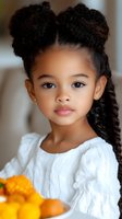 Adorable African American girl with natural curly hair in space buns and braids wearing white sweater. Portrait of cute mixed race child with gold earrings.