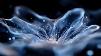 Ethereal macro photography of translucent flower petals with water drops and bokeh effects on dark background, creating dreamy artistic nature composition.