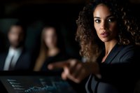 Young African American businesswoman analyzing financial data on digital screen in dark office, with colleagues in background, focused expression.