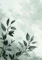 Elegant green leaves on watercolor sage background with delicate botanical elements create serene natural composition for wellness, spa and organic designs.