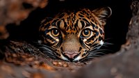 Close up portrait of wild jaguar face with intense amber eyes peering through dark cave opening, showing spotted fur pattern and distinctive facial markings in dramatic lighting.