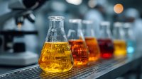 Laboratory glassware with amber liquid samples in conical flasks on metal surface for scientific research and chemical analysis experiments.