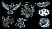 Hummingbird and bird illustrations with iridescent plumage, isolated on transparent background. Ready for t-shirt designs, clipart, stickers, sublimation, print-on-demand products, and digital crafts.
