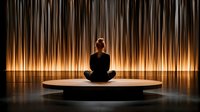 Woman in lotus position meditating on illuminated round platform against glowing striped background, creating peaceful atmosphere for wellness and mindfulness concepts.