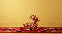 Decorative golden ram figurine with ornate details placed on red silk ribbon against warm gold textured background, suitable for lunar new year celebrations and festive design projects.