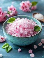 Pink bath salt crystals in turquoise ceramic bowl with fresh flowers and green leaves, spa and wellness skincare treatment product for relaxation and self-care routines.