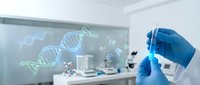 Scientist in blue gloves holding test tube in modern laboratory with DNA helix projection on screen for genetic research and biotechnology experiments.