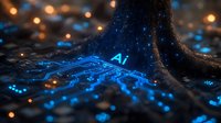 Futuristic tree with glowing blue AI circuit roots spreading across dark surface, symbolizing artificial intelligence merging with nature.