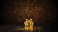 Golden gift box with glittering sparkles and bokeh lights on dark background, suitable for holiday, celebration, and festive season marketing materials.