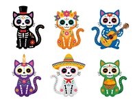 Day of the Dead cats with skeleton faces, floral crowns, and colorful traditional attire. Isolated clipart set ready for merchandise, invitations, and design projects.