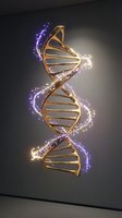 Golden DNA double helix structure with glowing purple particles and light effects on dark background for genetics research and biotechnology concepts.