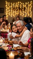 Hispanic grandfather embracing granddaughter at family dinner celebration with warm string lights creating festive atmosphere for holiday gatherings.