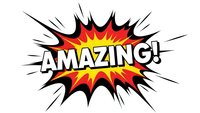 Comic book explosion burst with Amazing text in bold white letters on red yellow gradient background with black spikes radiating outward on white backdrop.